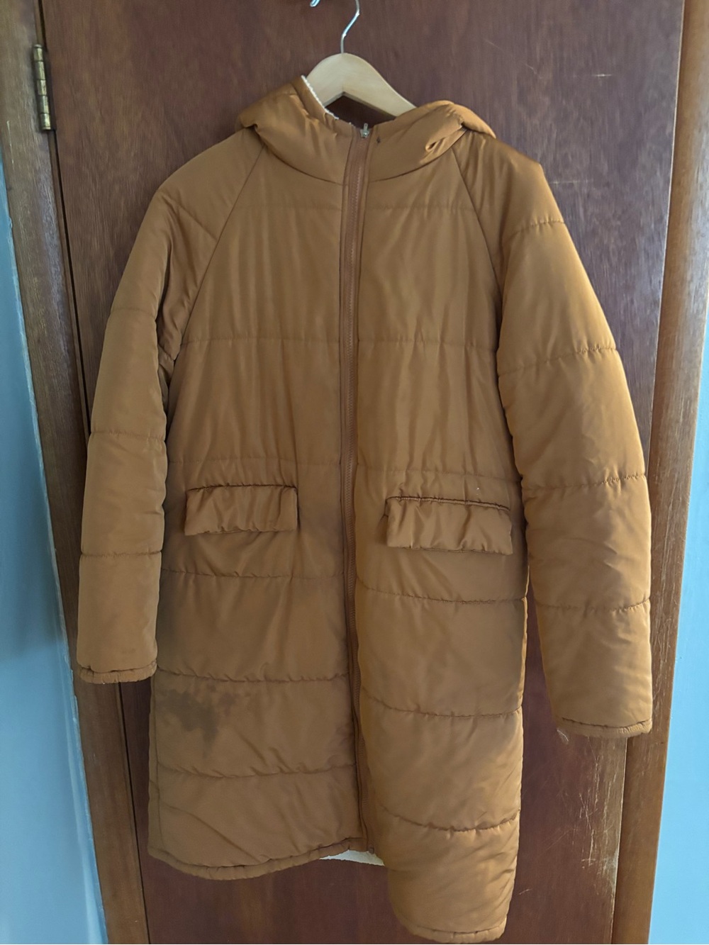 Long Hooded Puffer Coat in Camel Brown